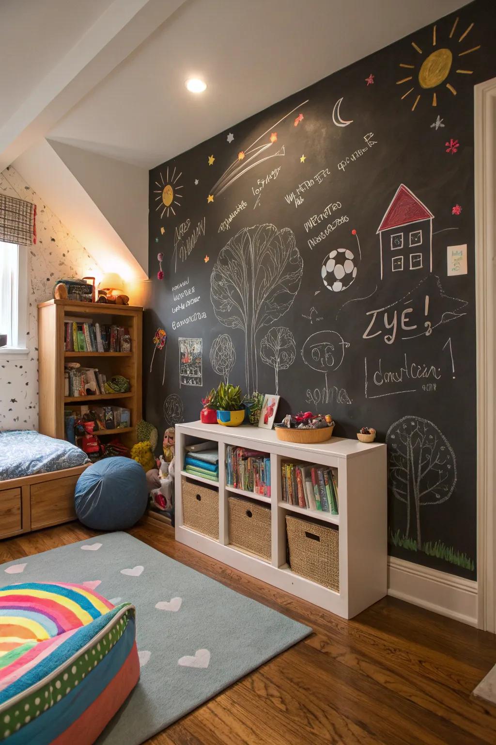 A chalkboard wall gets them learning and creating.