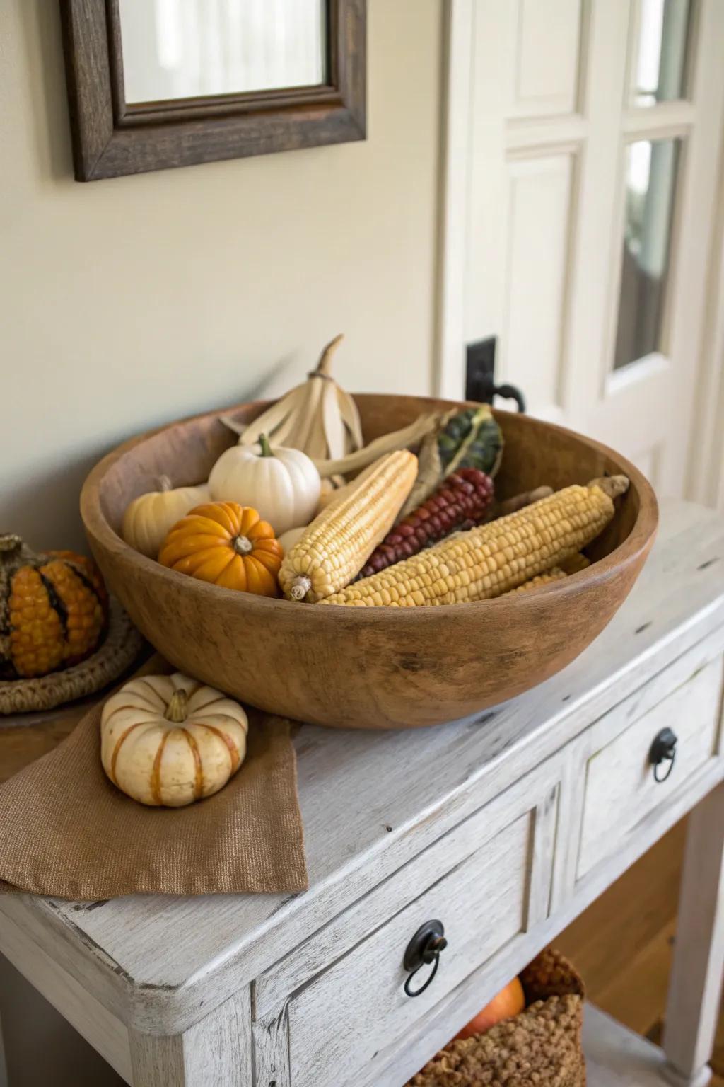 Countryside harvest allure through maize and gourds