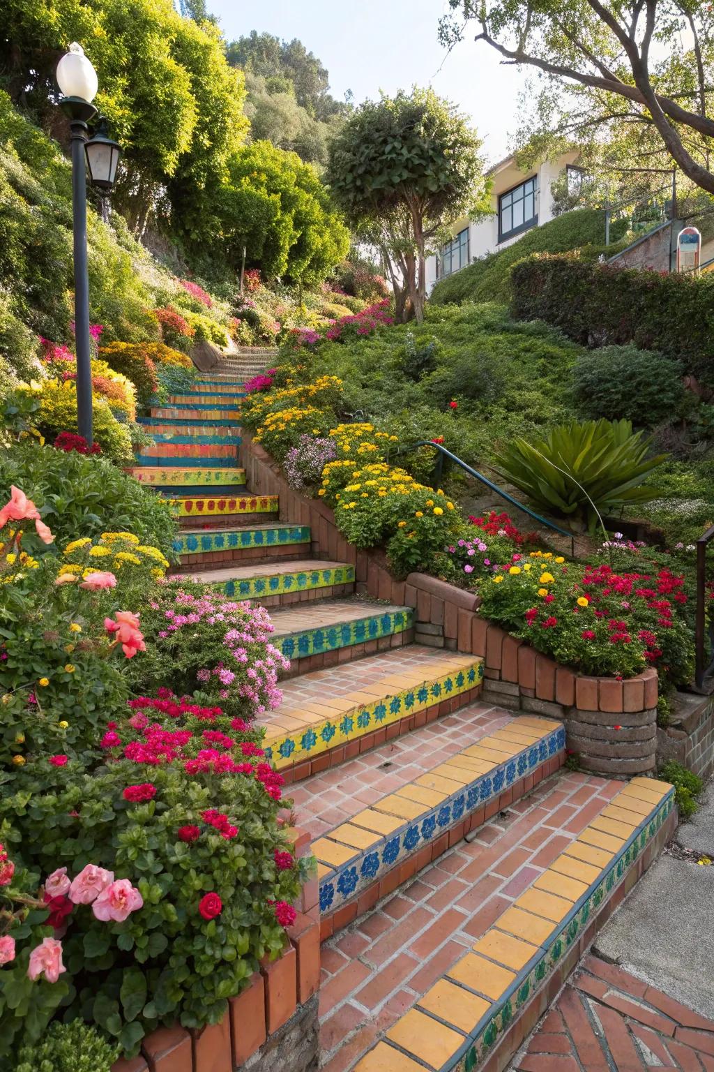 Vibrant brick steps appending color to a garden route.
