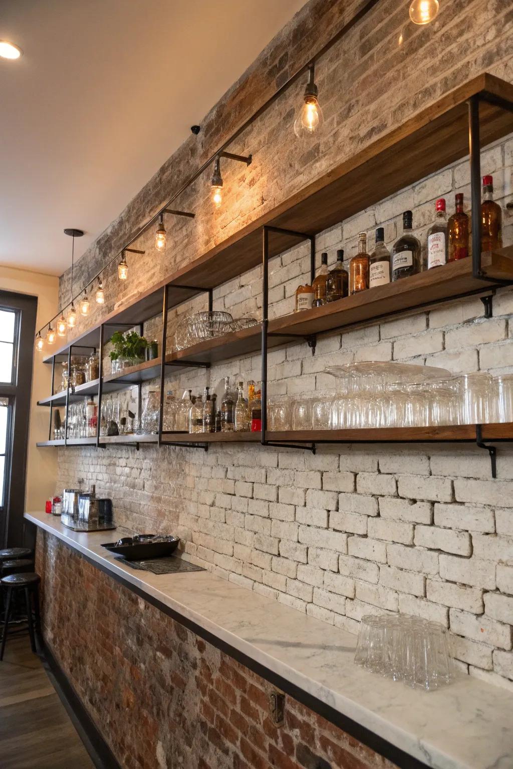 Floating shelves exhibit glassware stylishly on a brick wall.