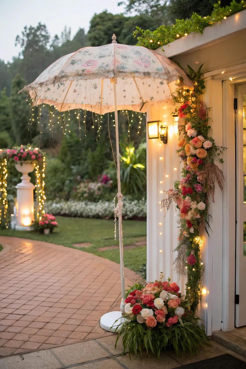 A charming garden umbrella embellished with blossoms and lights welcomes visitors with an enchanting vibe.