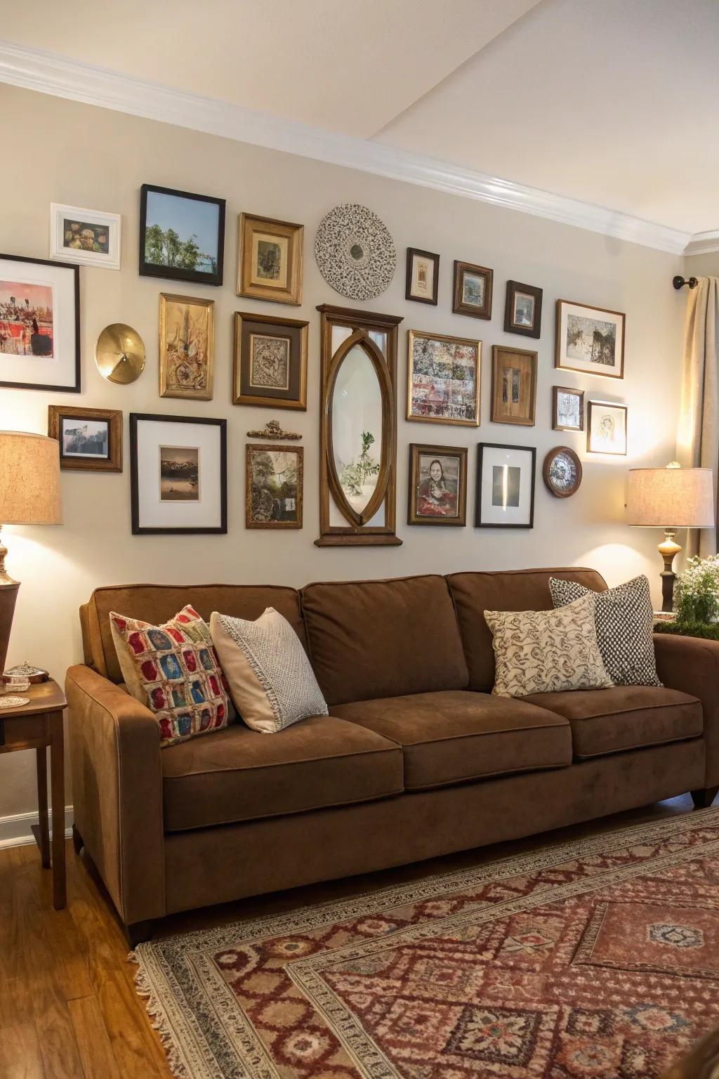 A display divider heightens identity and measure to a cocoa family room.