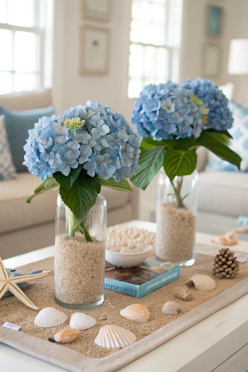 Introduce shoreline vibes indoors with azure hydrangeas.