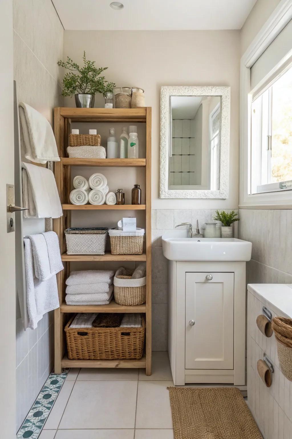 Open shelving provides accessible storage in a small bathroom.