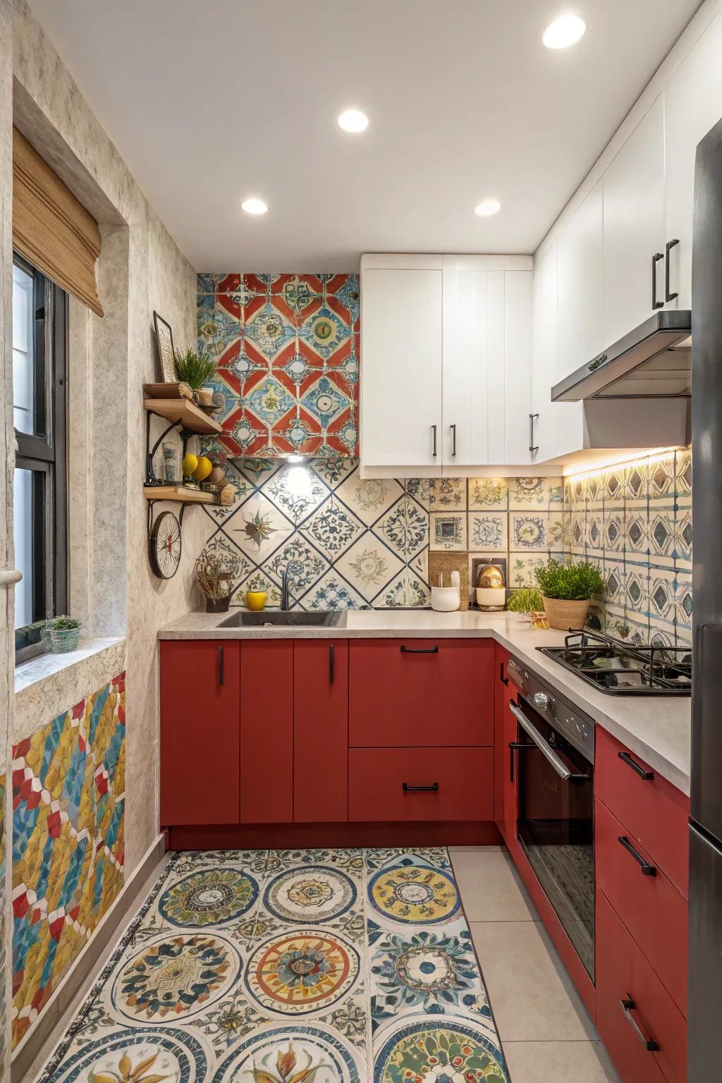 A striking backsplash introduces a captivating focal point to this kitchen.