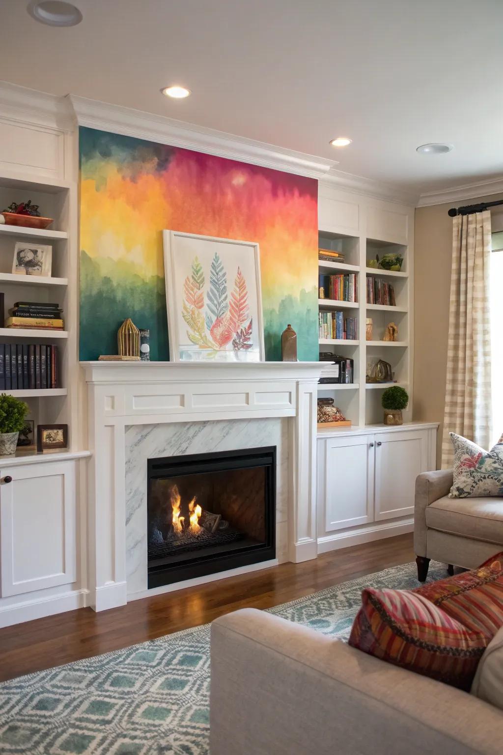 A bold pop of color brings life to the fireplace built-ins.