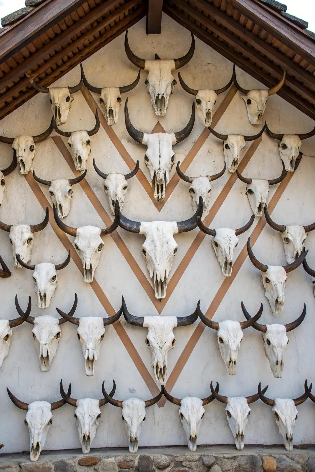 Symmetrical configuration of bovine skulls for visual resonance.