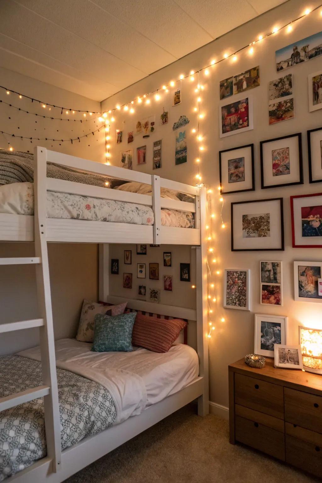 A photo wall with lights incorporates a personal element.
