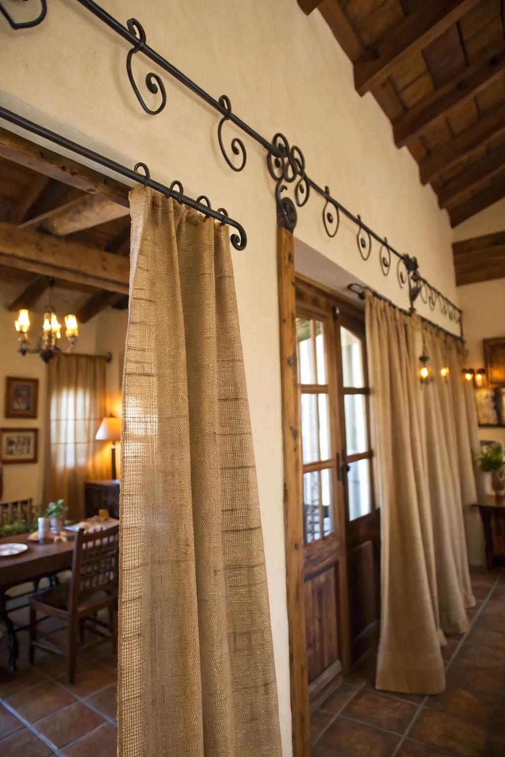 Rustic elegance with woven fiber drapes and wrought iron rods.
