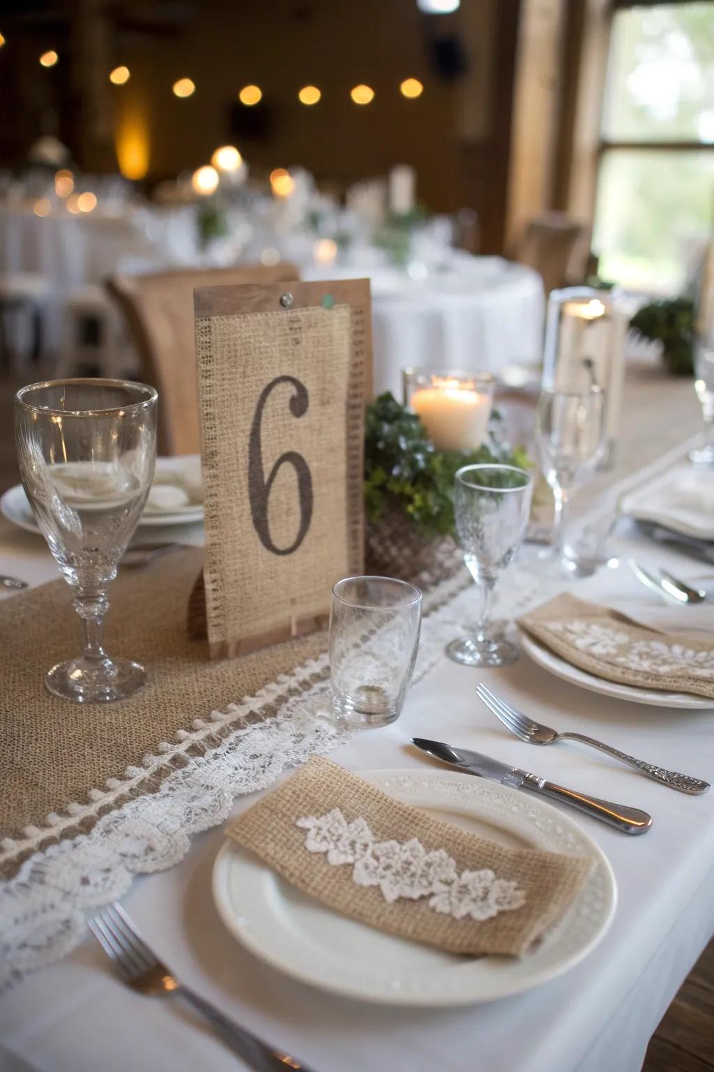 Personalize your table arrangements with hessian numbers.