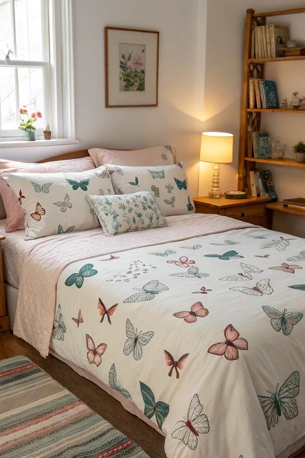 Butterfly bedding crafts a serene retreat.