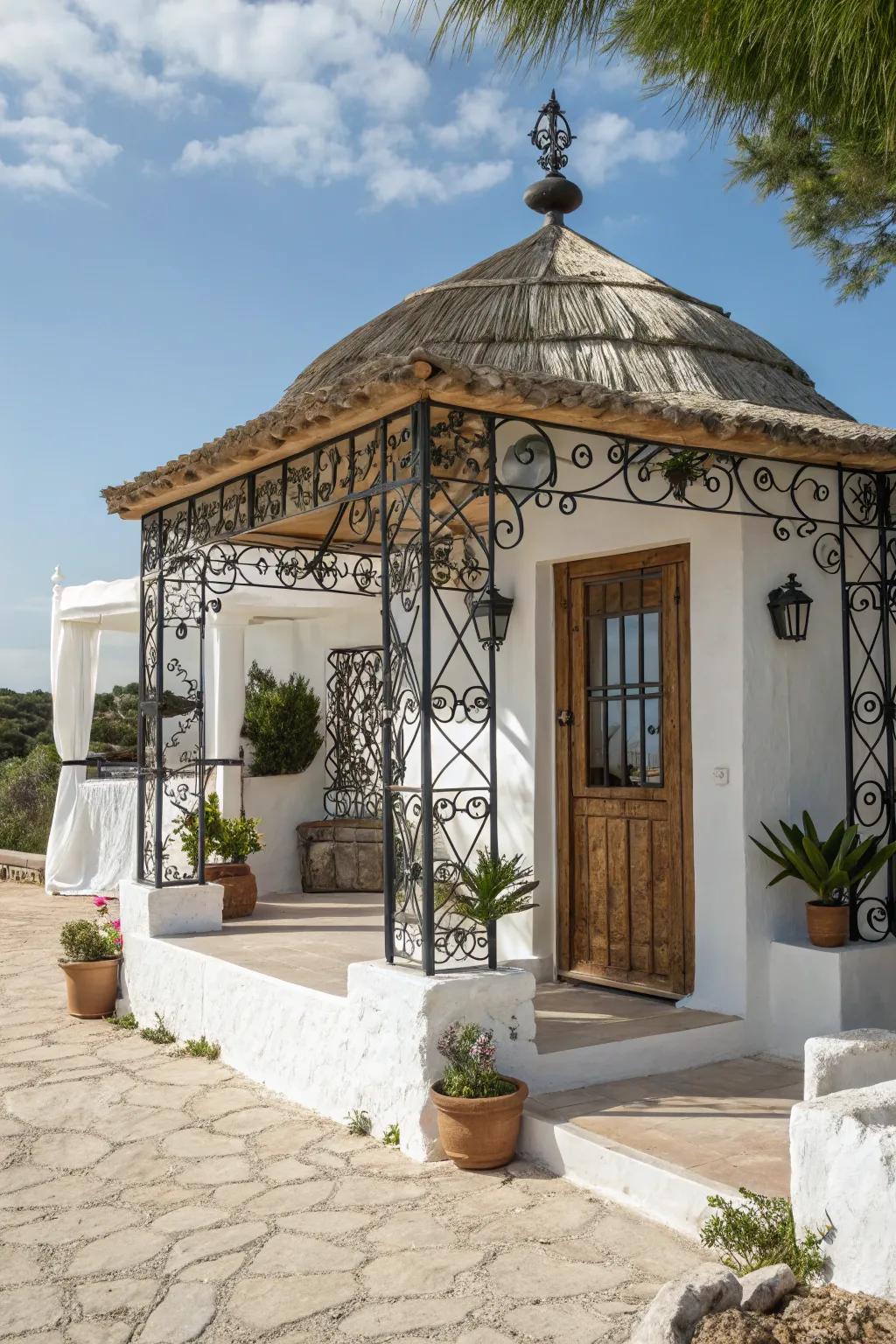 A Mediterranean cabana that provides a coastal escape atmosphere.