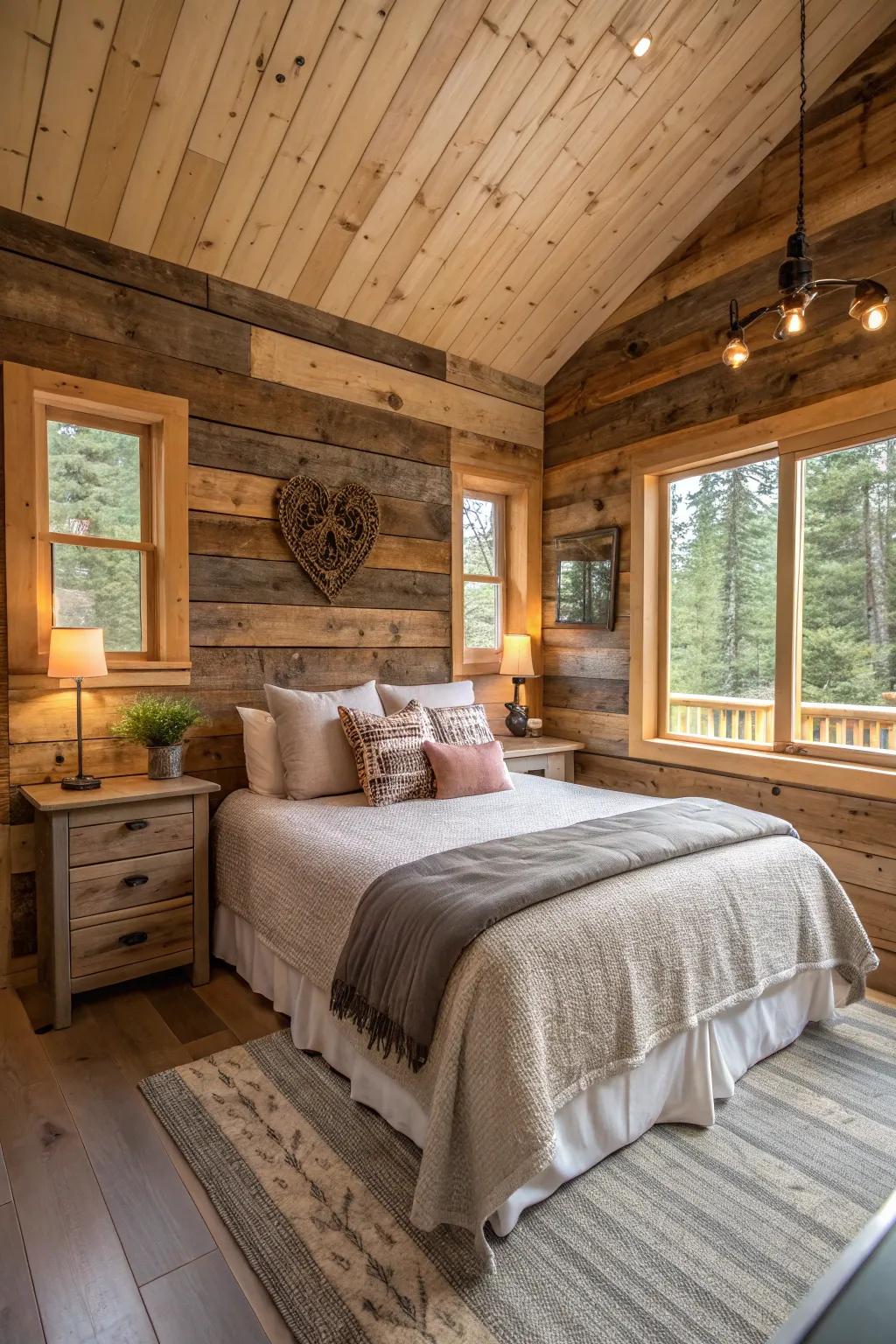 A cabin bedroom featuring a standout wall crafted from reclaimed wood.