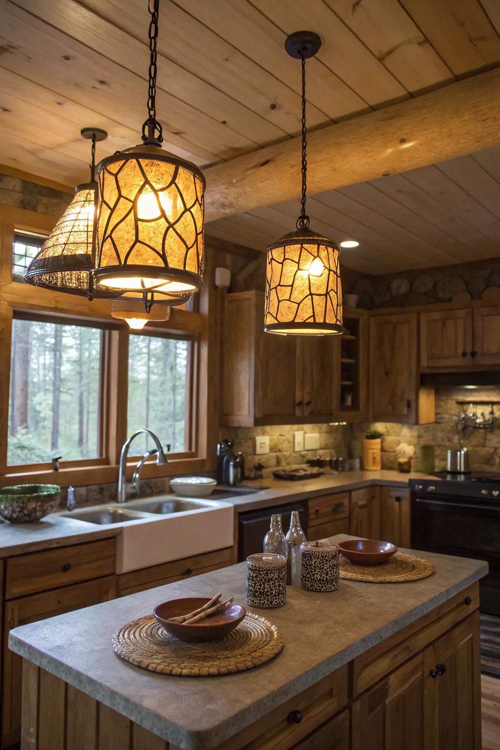 Unique lighting fixtures add character to a cabin kitchen.