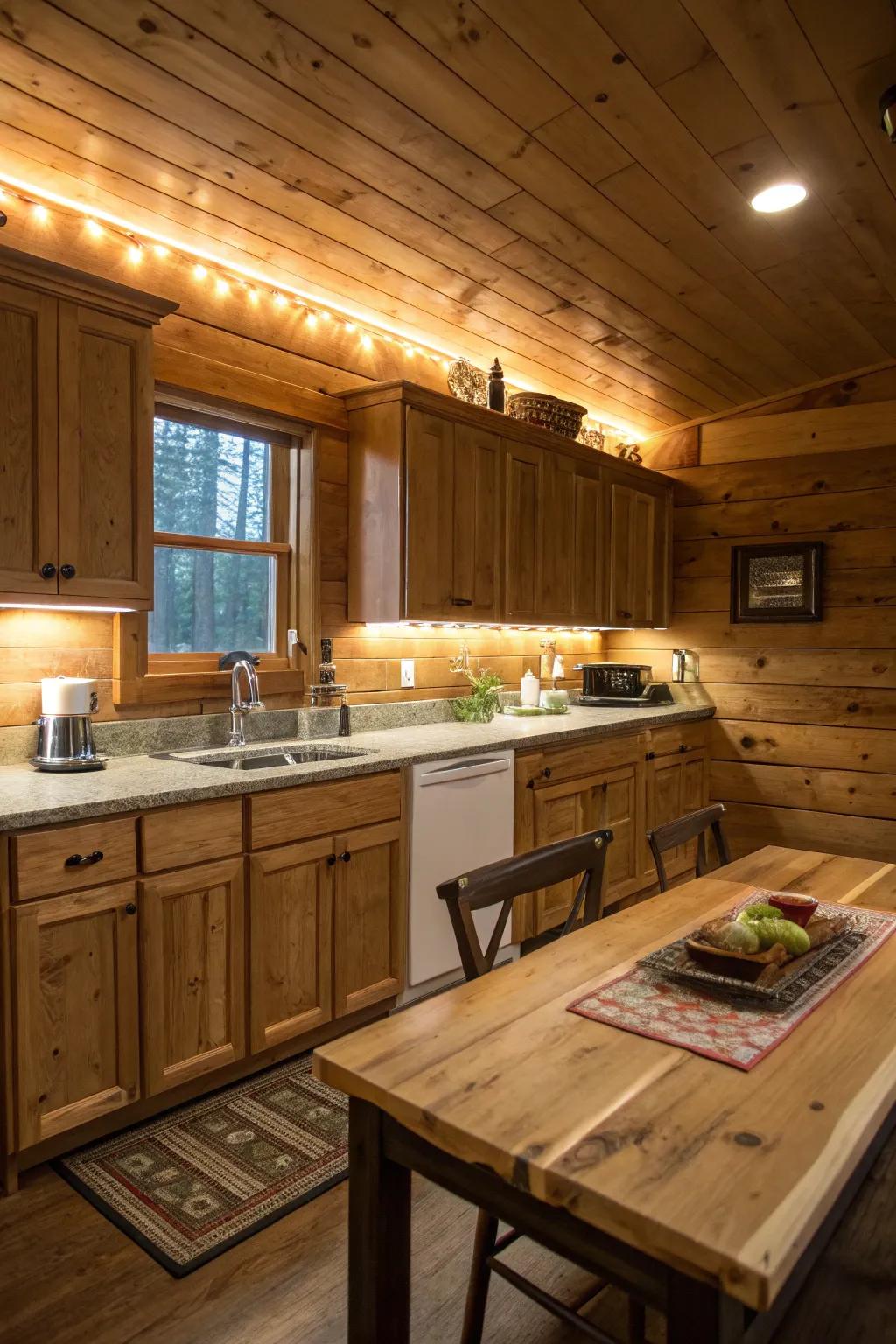 Undercabinet illumination contributes a practical touch to a cabin's cooking area.
