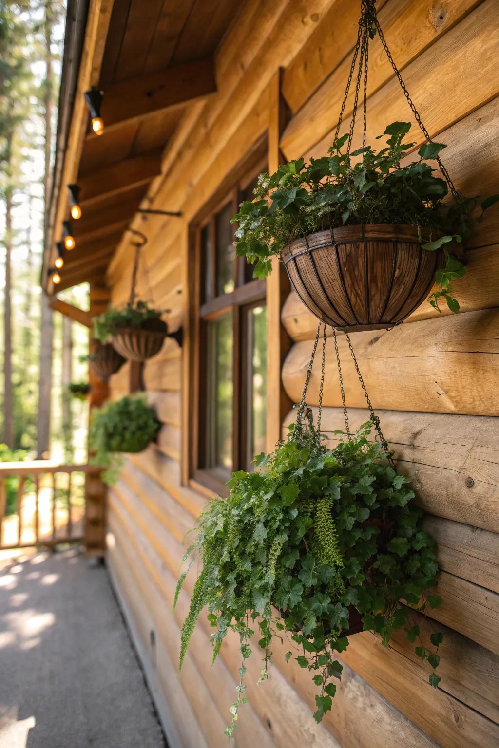 Hanging planters including plant kingdom and life to cabin wall surfaces.