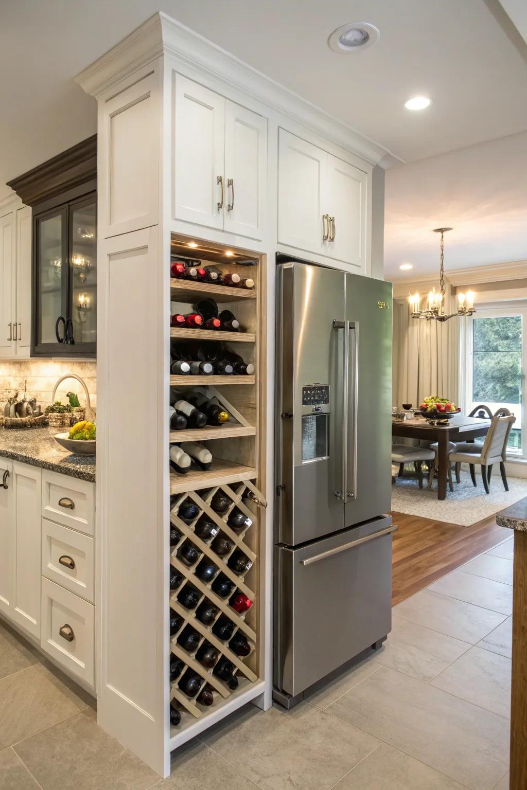 A wine rack above the fridge offers both style and practicality.