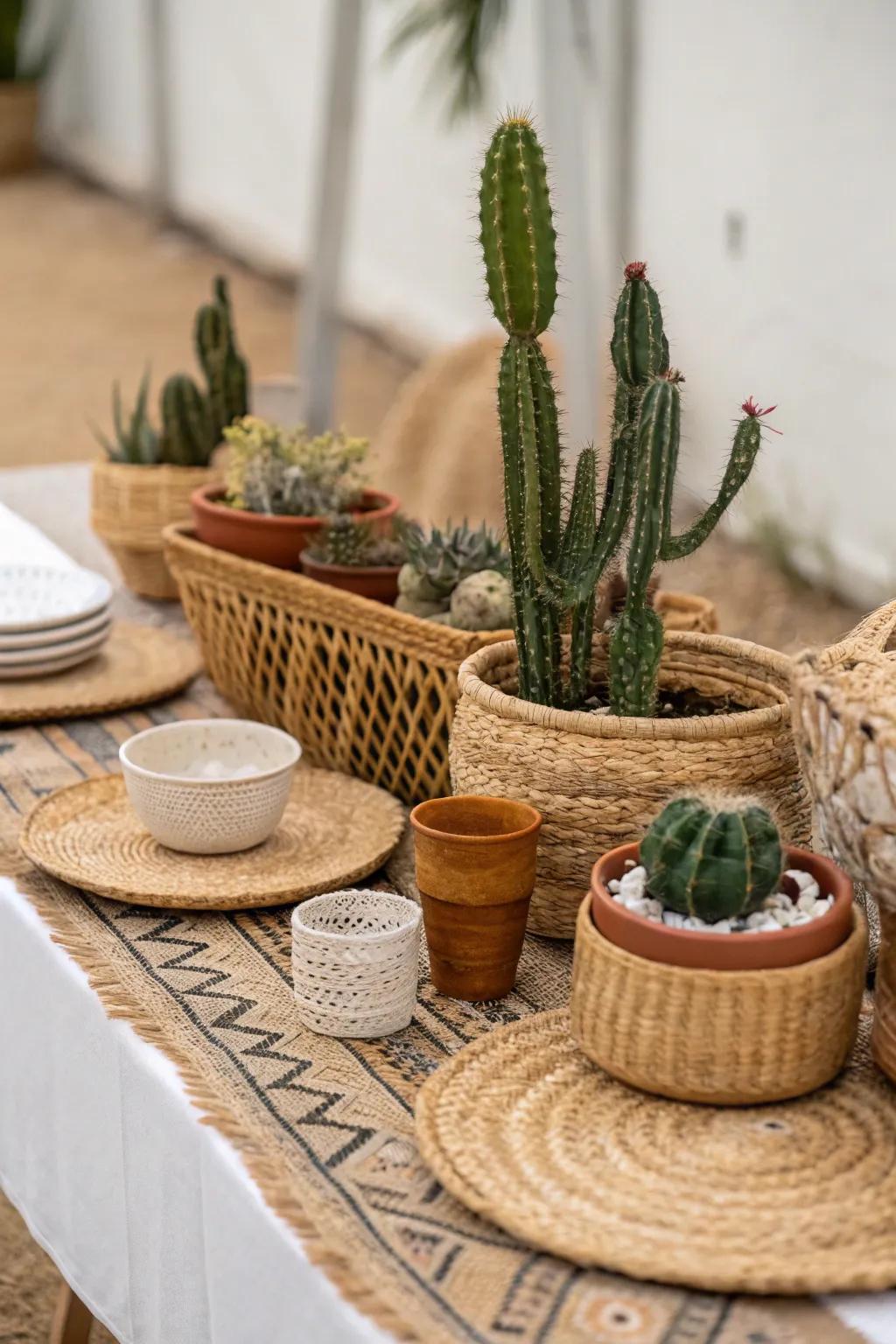 Bohemian vibes with cacti and woven textures create a relaxed setting.