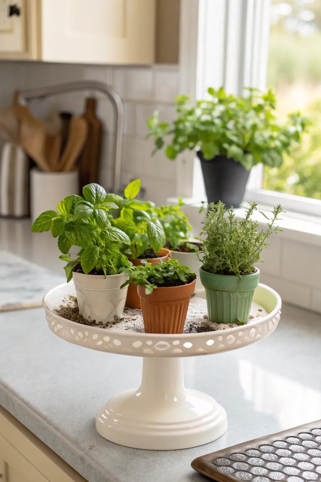 A mini herb garden on a display stage brings greenery and practicality to your kitchen.