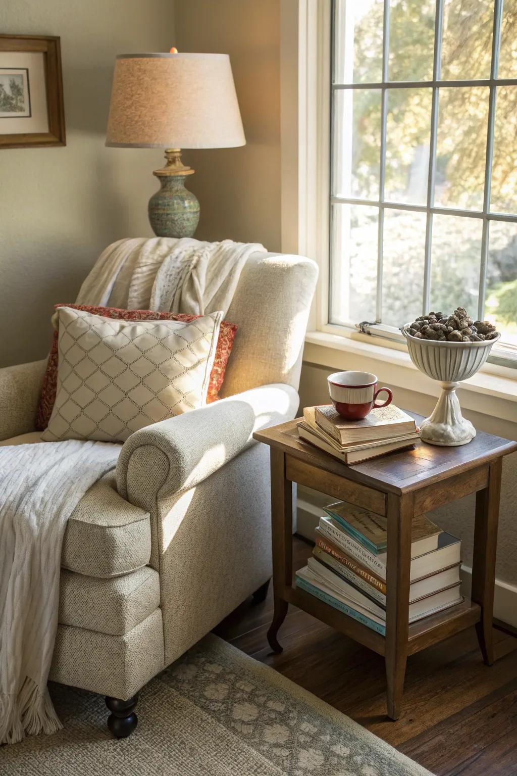 Bedroom corner featuring a cozy reading nook with a plush armchair and side table.