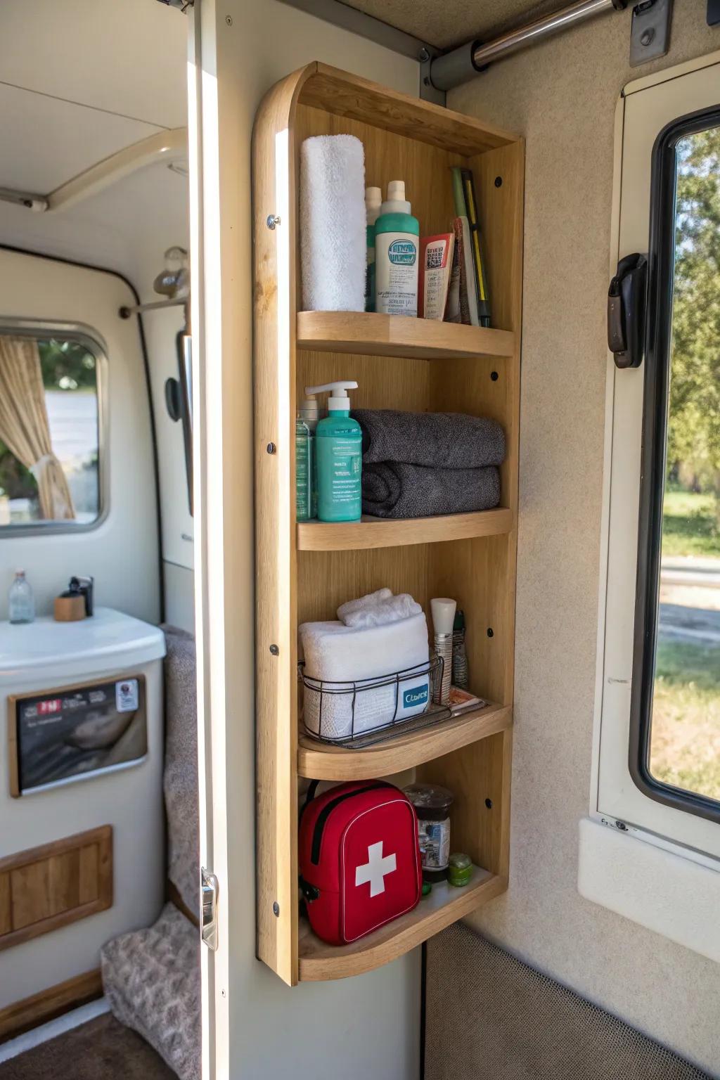 Corner shelving making the most of space in a camper bathroom.