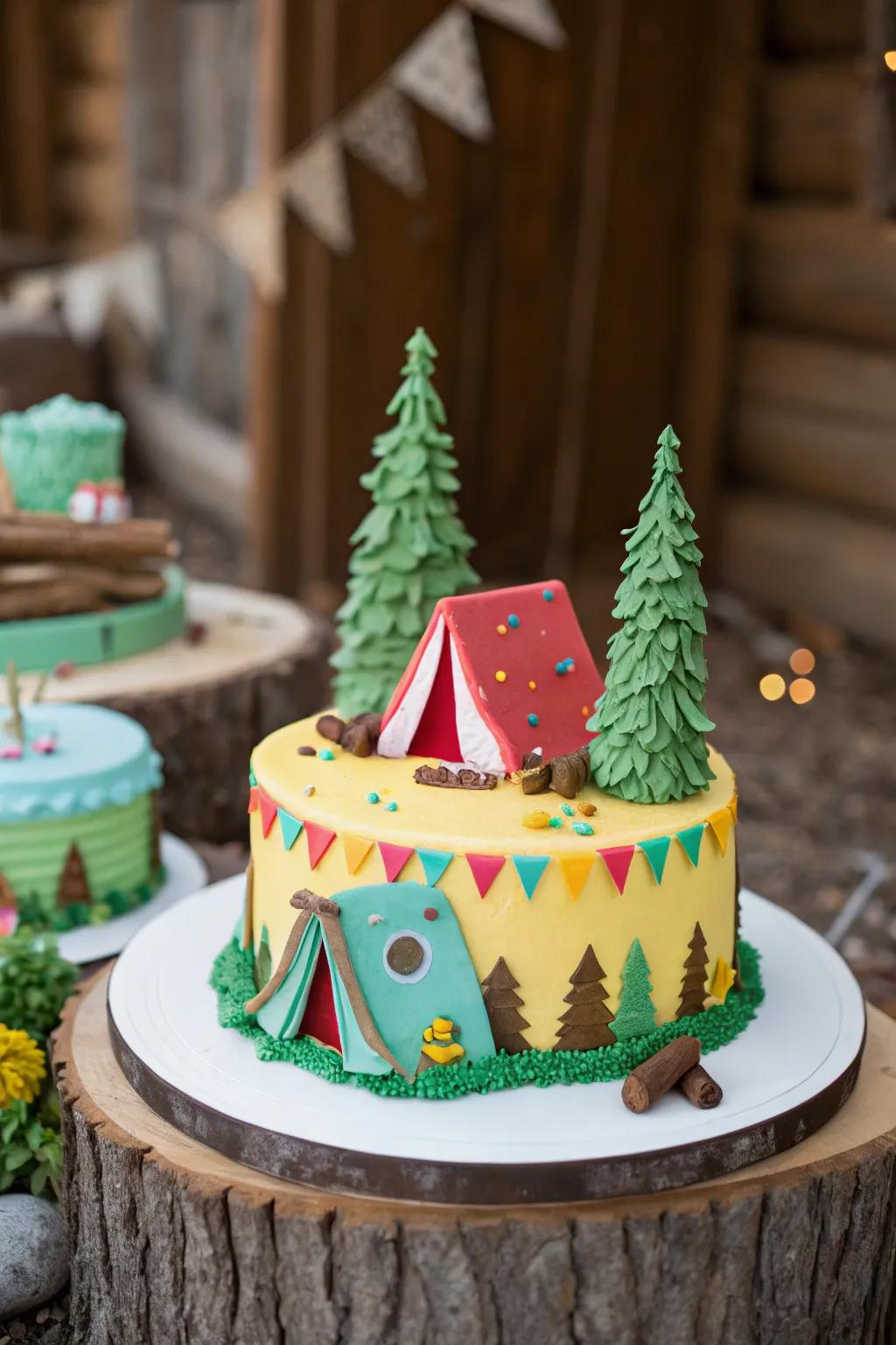 A beautifully designed camping-themed birthday cake.