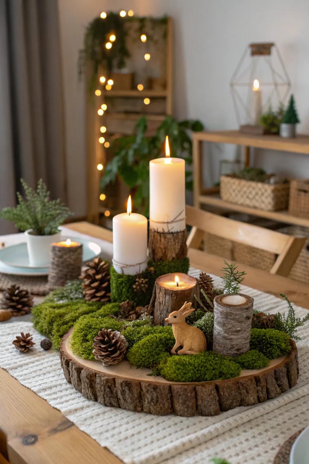 Your decor will get a fairy tale touch with a woodland scene featuring candles.