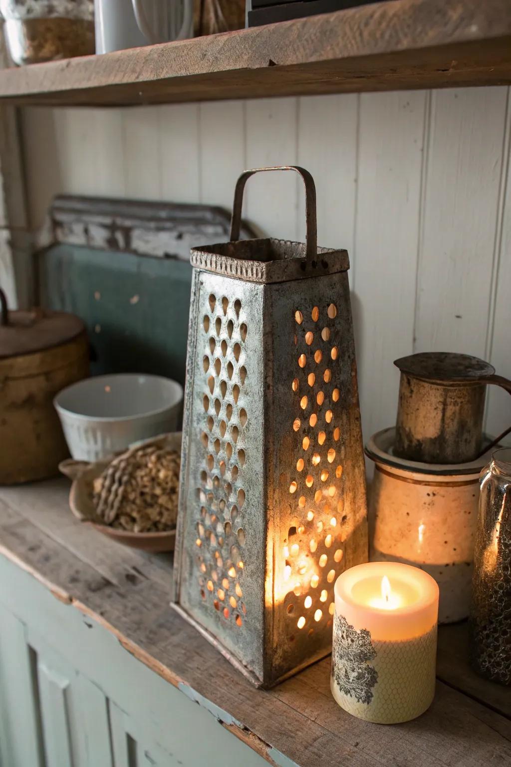 Rustic charm showcased by time-honored shredder candle protectors.