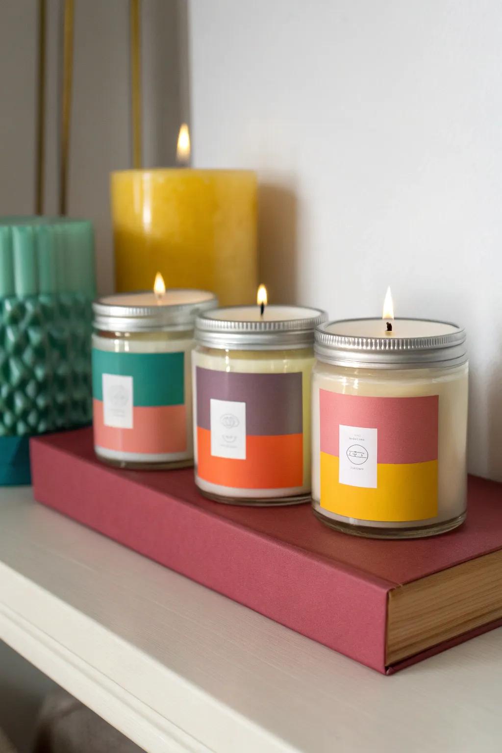 Hue-synchronized candle labels for a unified design.