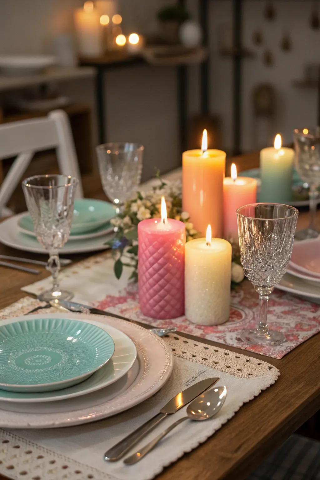 Harmoniously colored candles matching the tabletop theme.