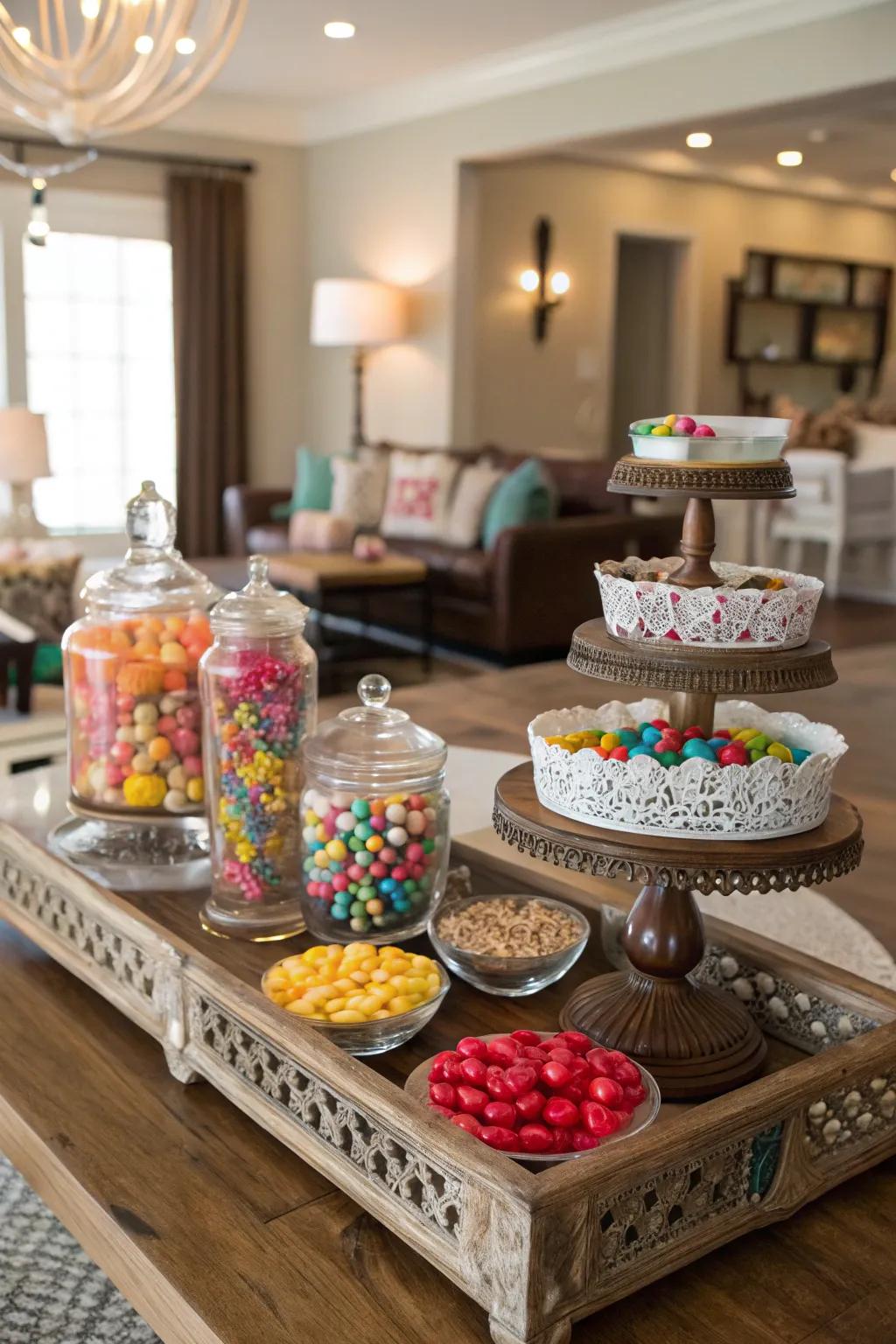 Renewed vessels and trays adding character to the sweet table