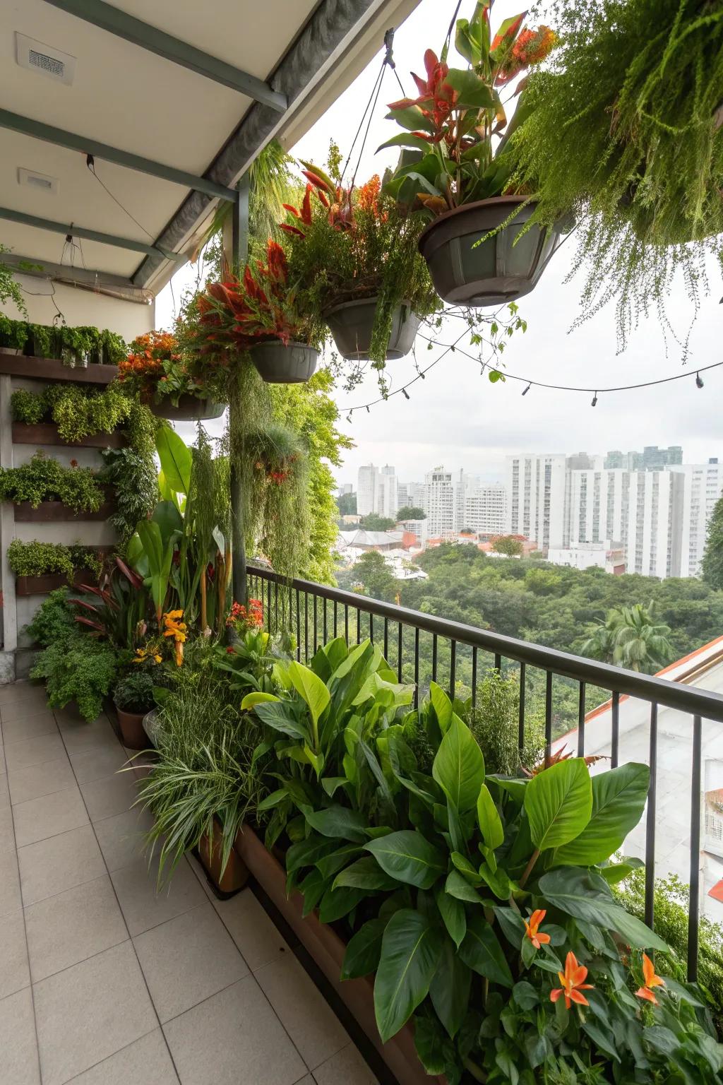 A flourishing display of scarlet blossoms and leafy plants on a balcony.