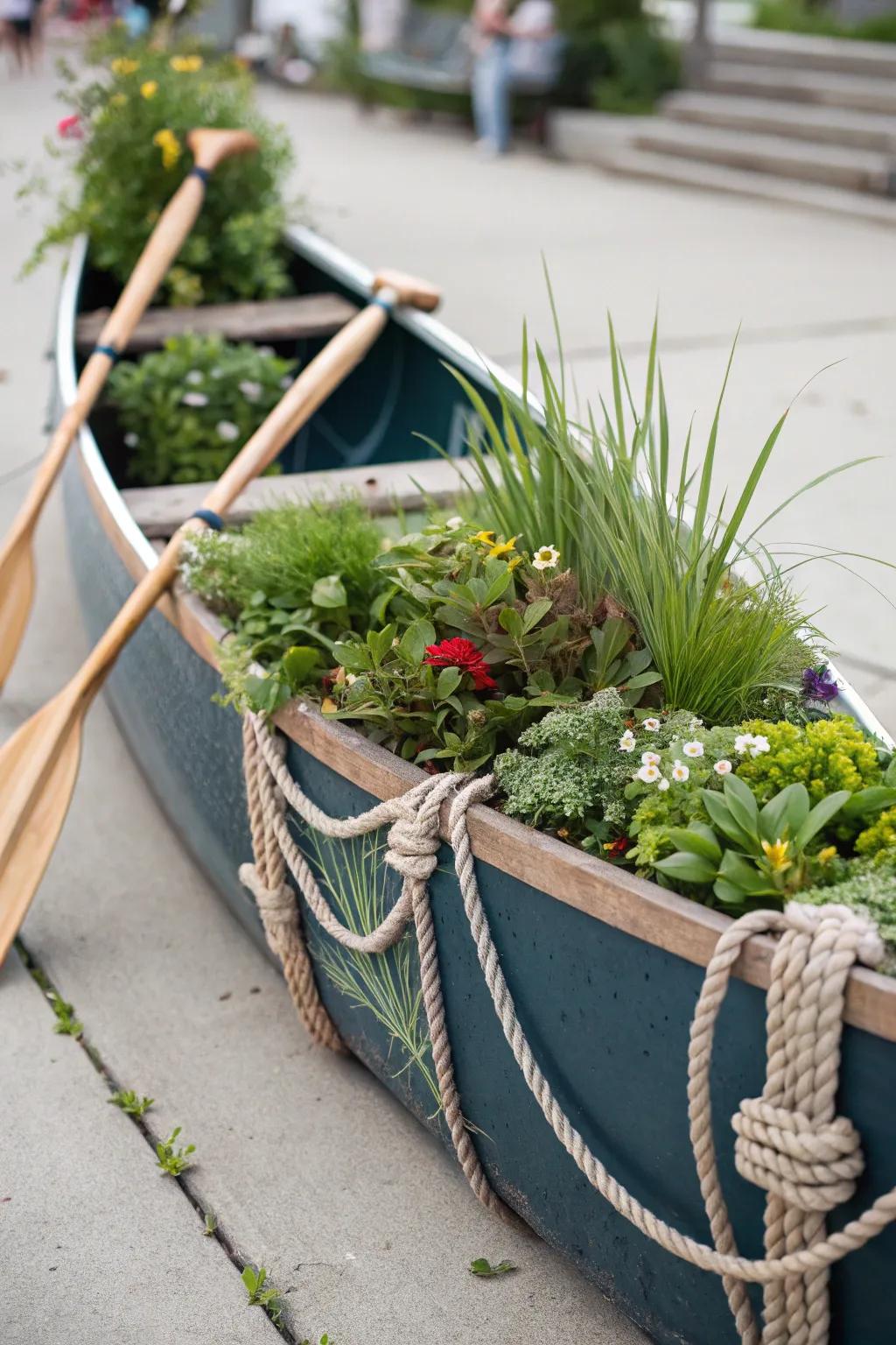 A sea-faring themed canoe planter takes you to the sea.
