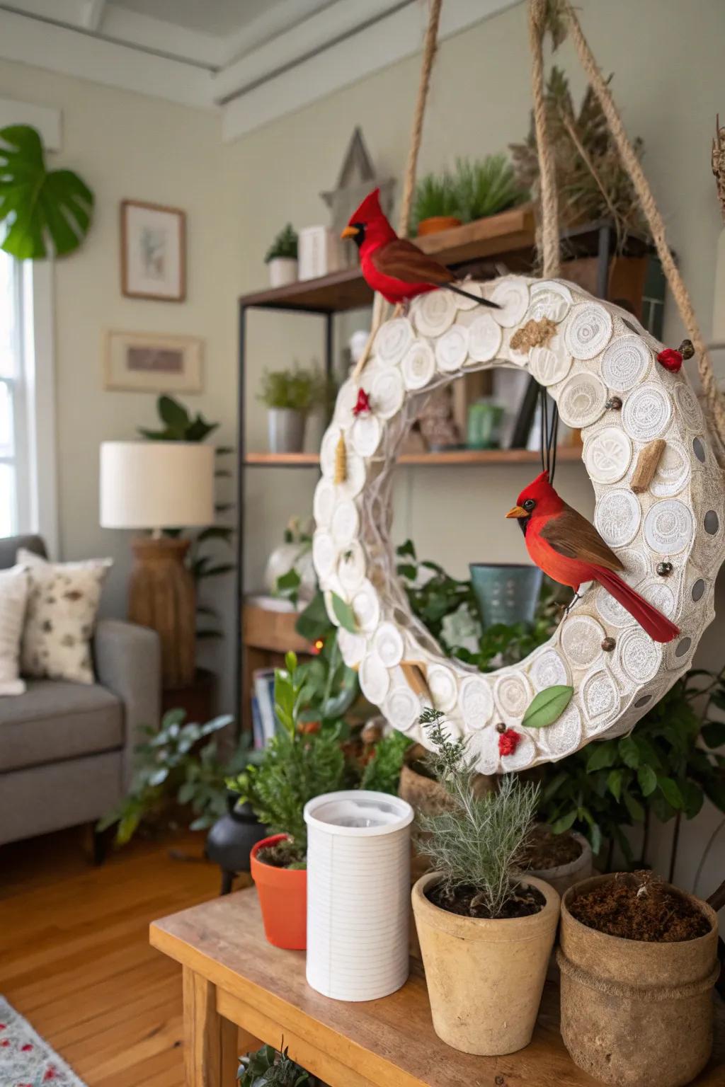 An eco-friendly wreath with handcrafted cardinals.