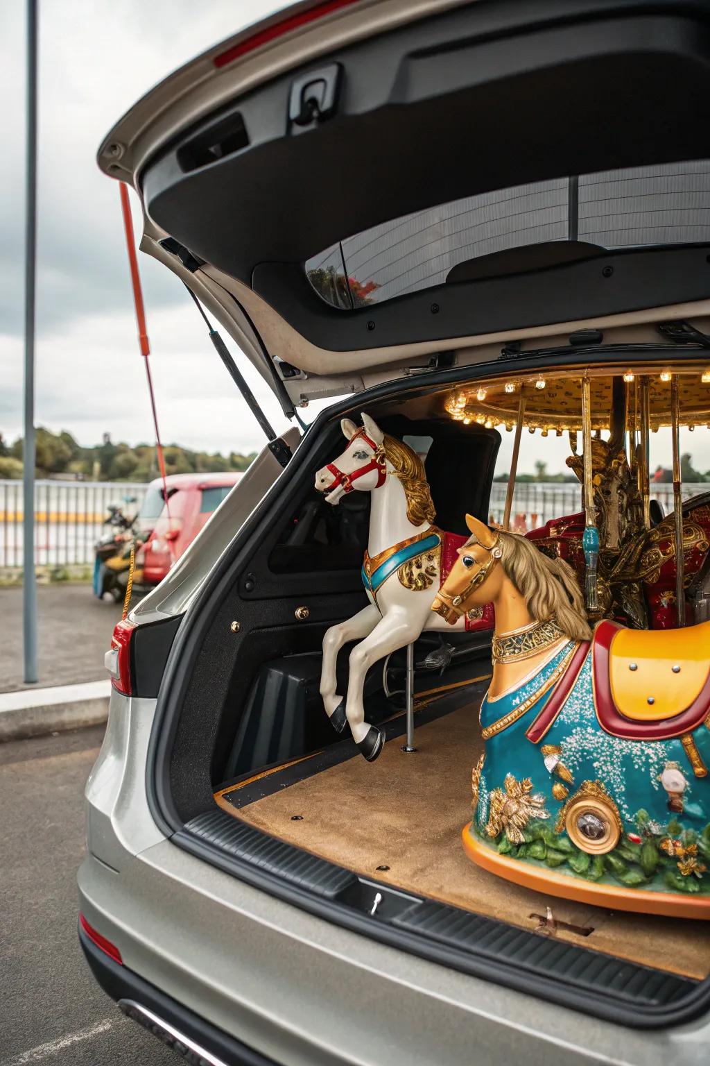 A whimsical carousel-themed trunk, brimming with color and charm.
