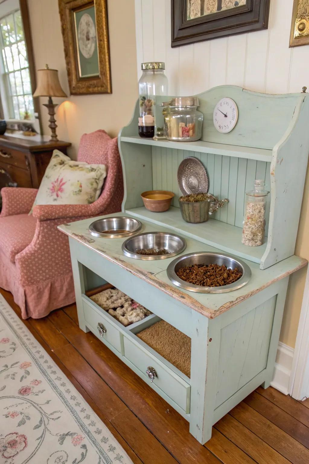 Add classic charm to your cat's dining area with upcycled items.