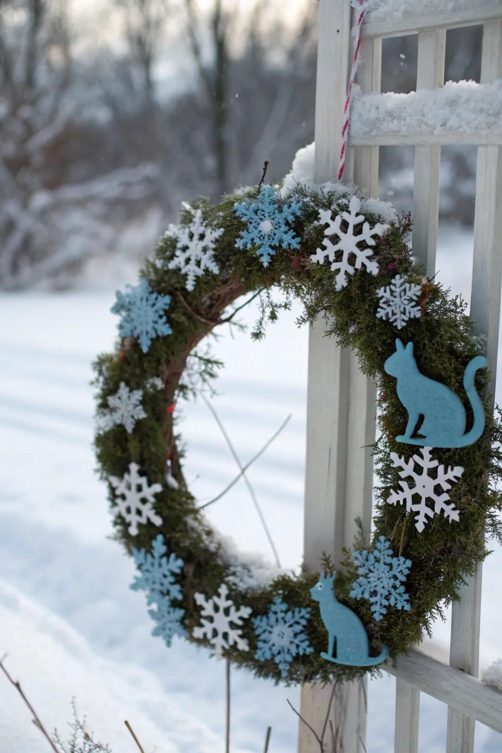 A seasonal ice crystal kitty wreath great for winter.