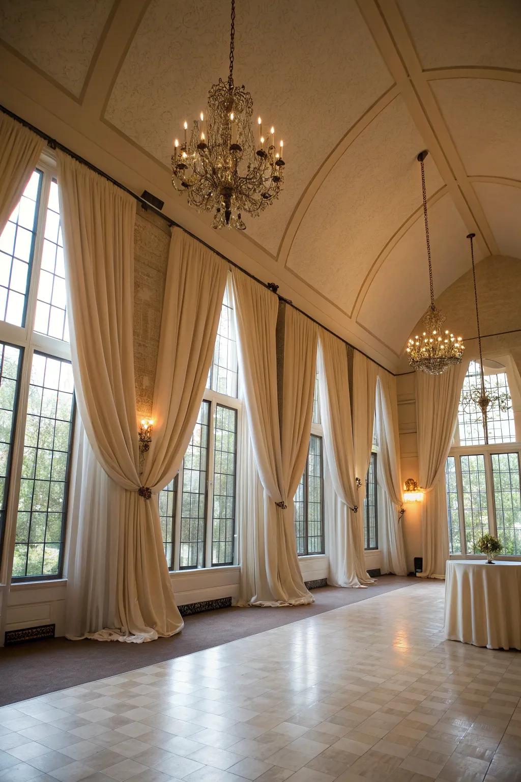 Daring draperies underscore the apex and refinement of the area.