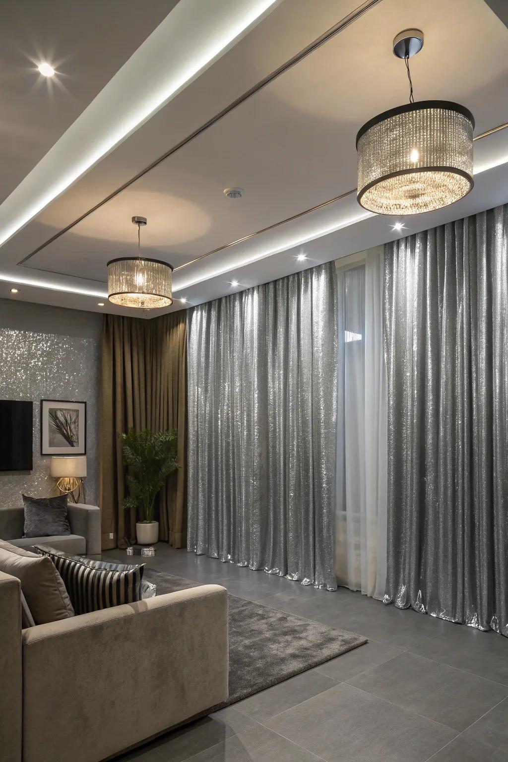 Reflective curtains amplifying room lighting