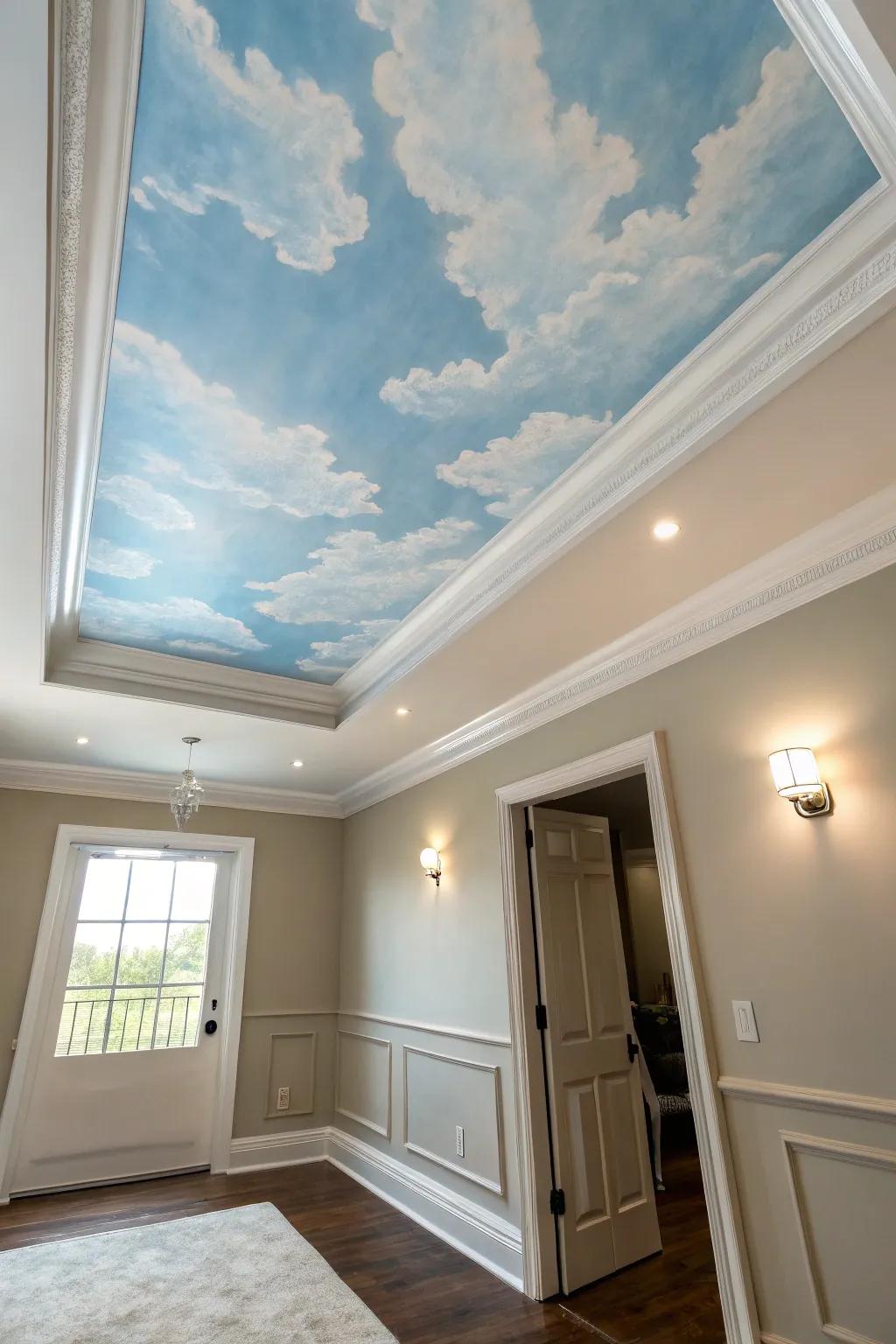 A ceiling painted with a sky scene, adding whimsy and openness.