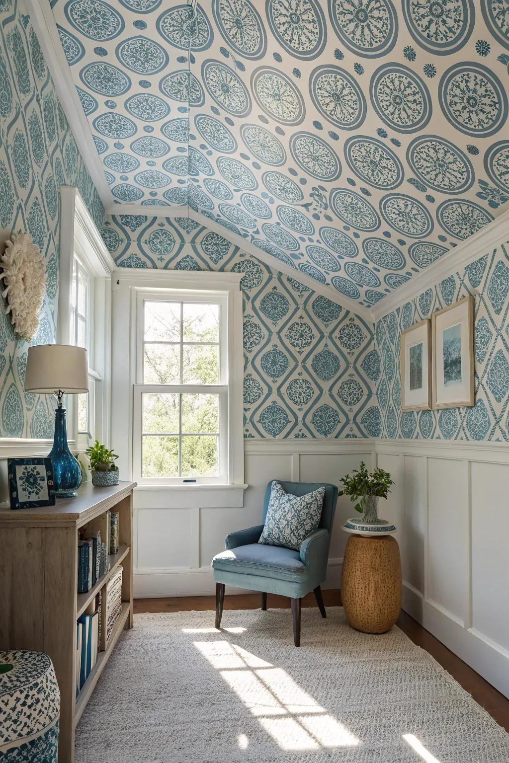 Wallcovering-embellished ceilings proffer a distinctive texture and focal attribute.