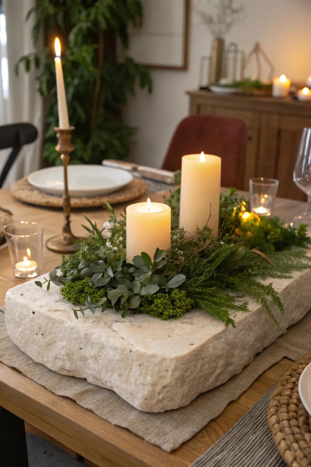 Earthy elegance with a natural rock centerpiece base.