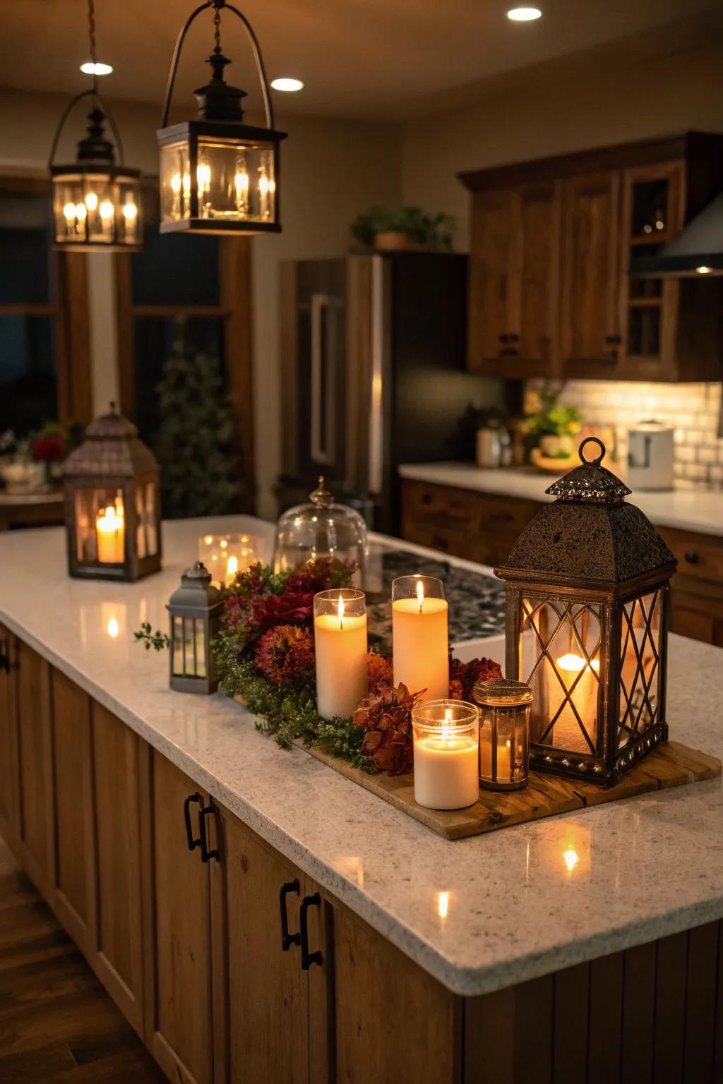 Create a cozy ambiance with candles and lanterns.