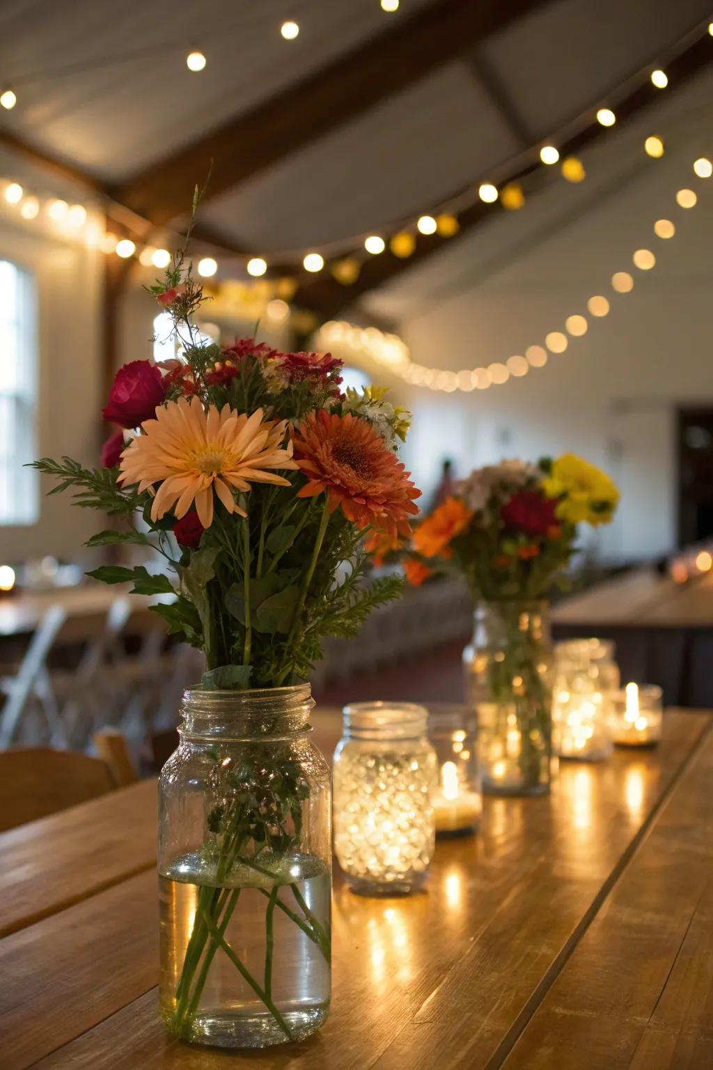 Preserve vessels showcasing twinkle lights and flowers for a rustic charm.