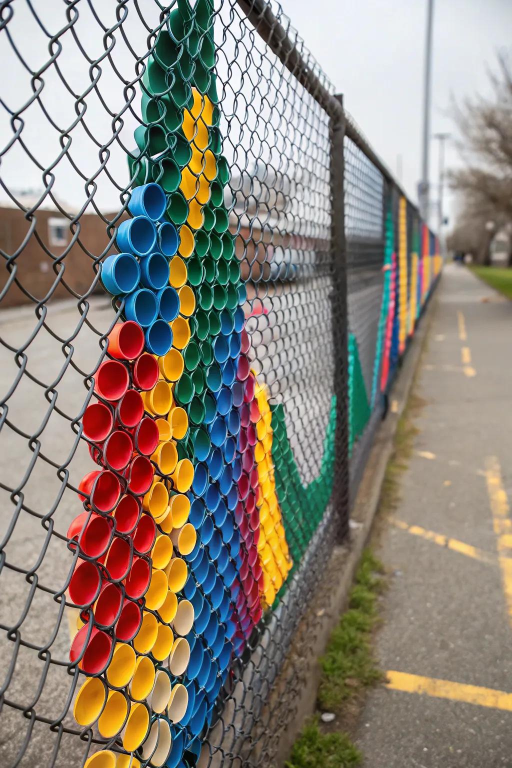 Disposable cup art can introduce a burst of vibrancy to your fence.