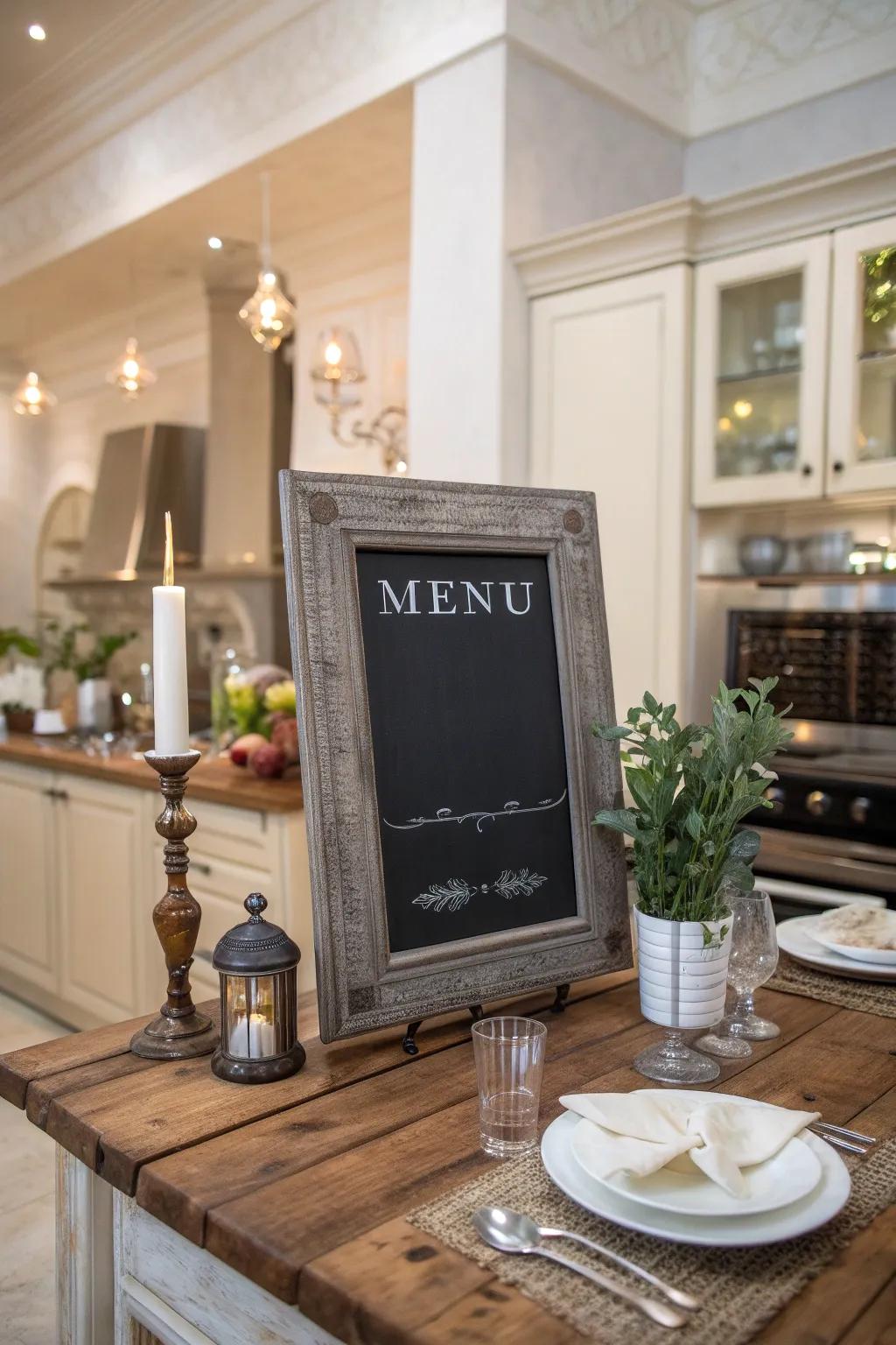 A stylish enclosure elevates this chalkboard menu, adding elegance to the kitchen.