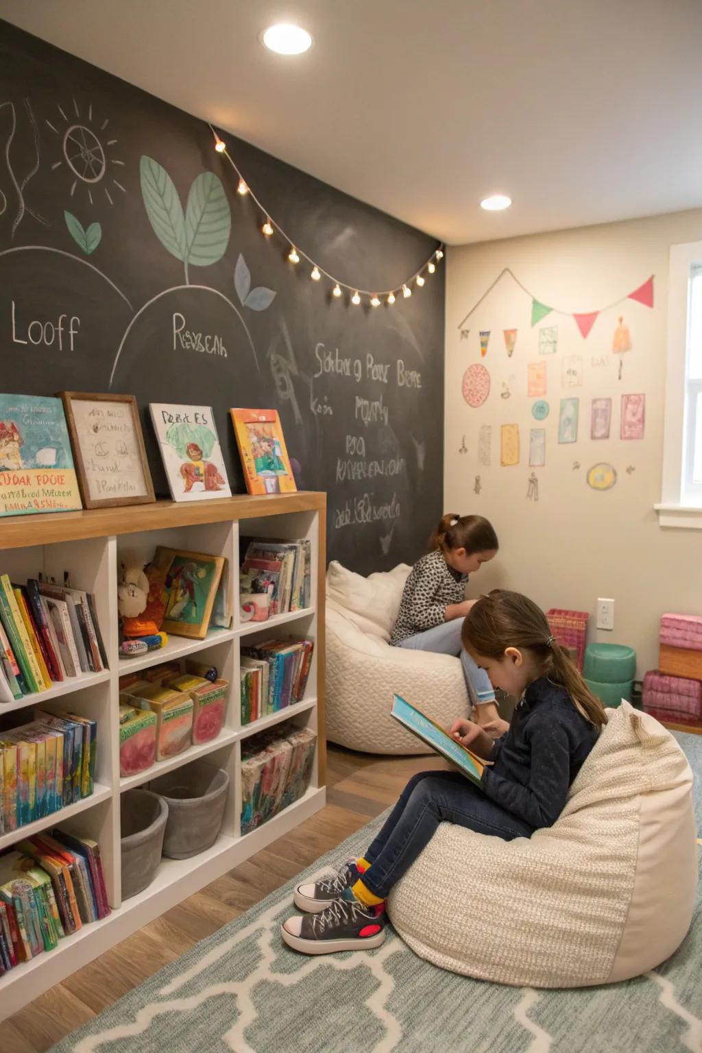 A chalkboard wall enhances a relaxing reading nook.