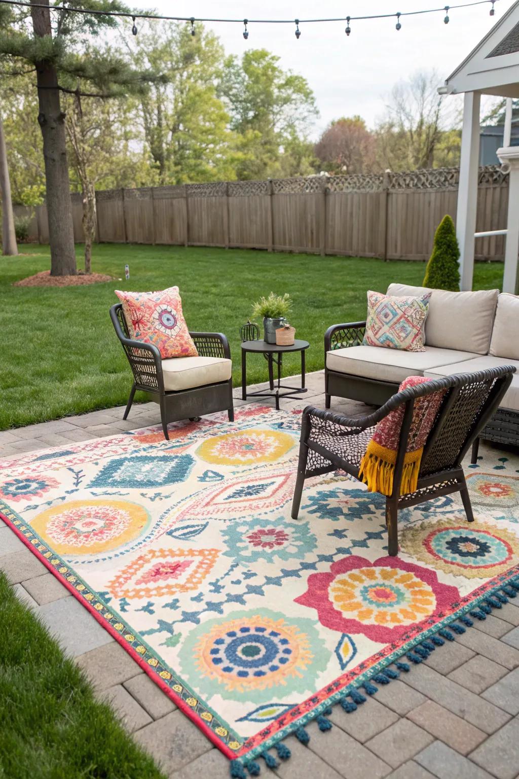 Outdoor rugs add color and comfort to seating areas.