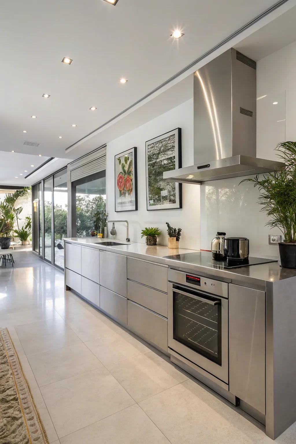 Contemporary kitchen showcasing polished steel alloy surfaces.