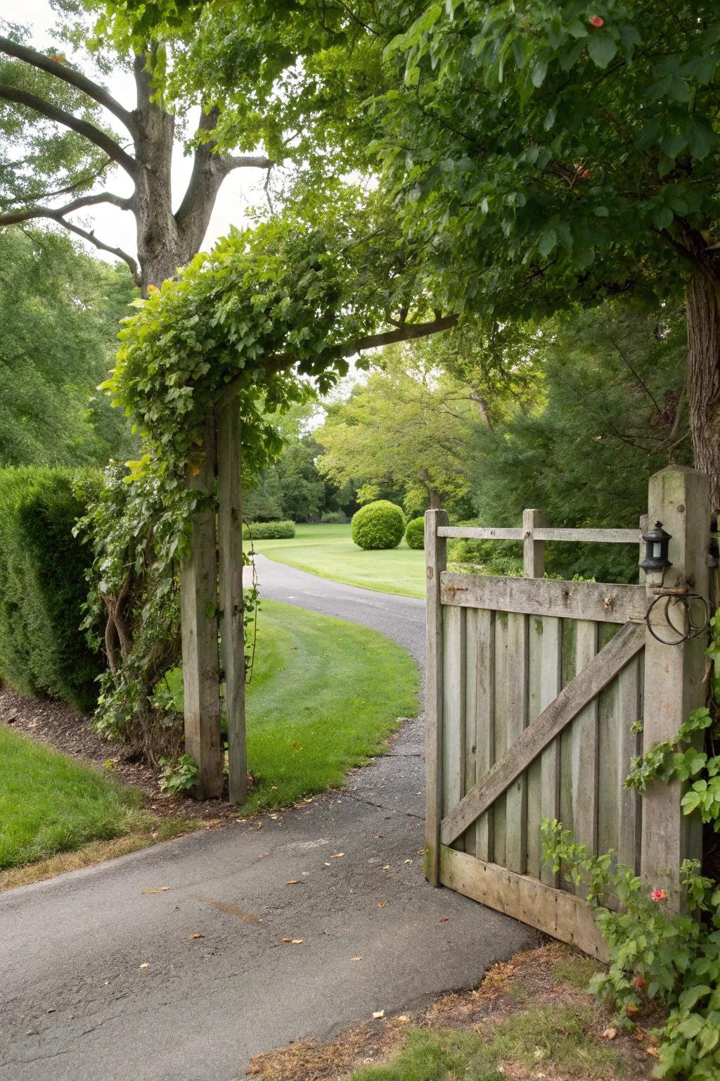 A wooden gate enhances privacy and style at your driveway entrance.